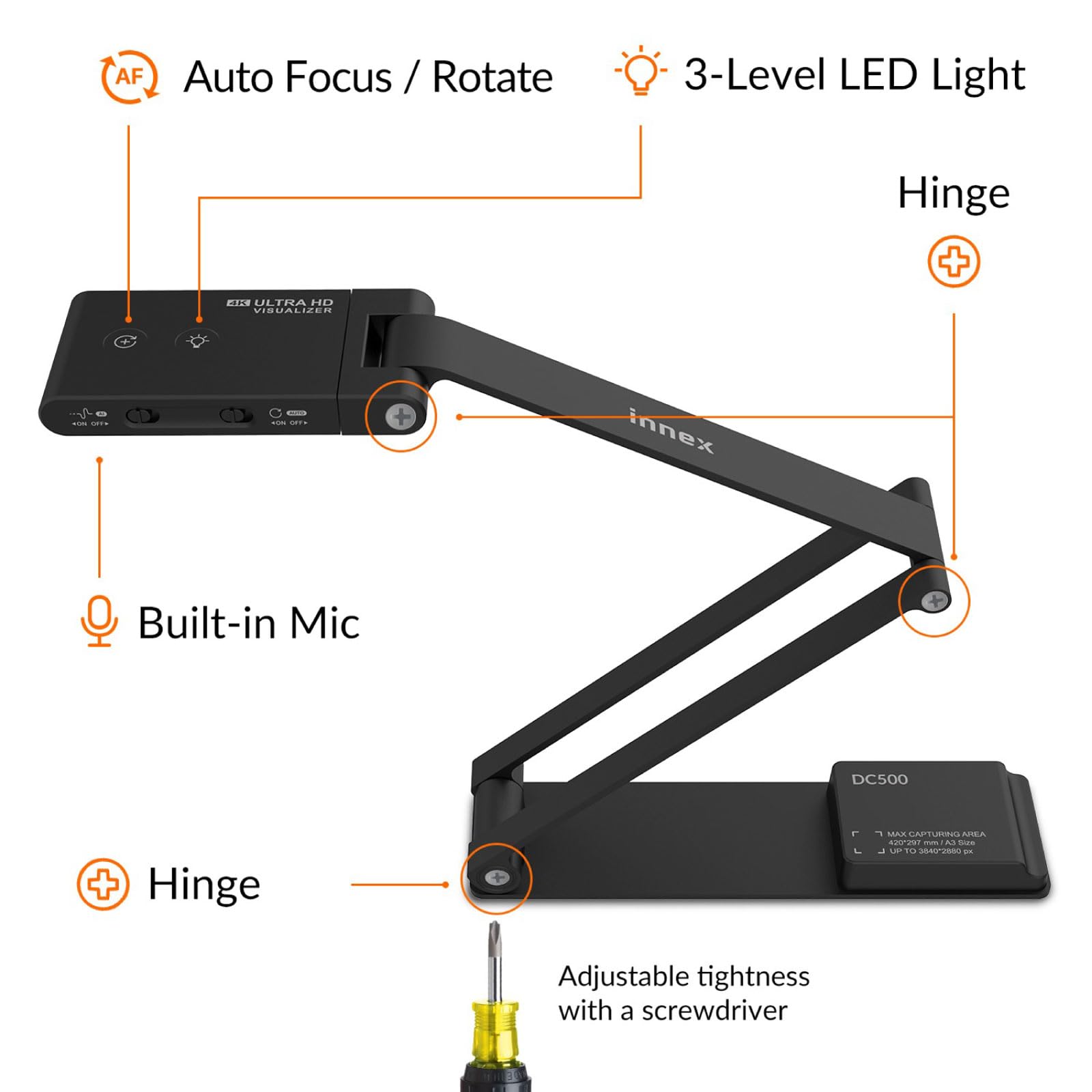 Innex DC500 13MP 4K USB Document Camera, Webcam & Scanner, 3-in-1, 13MP, Noise-Cancelling Mic, Dual Autofocus, Auto Flip, Built-in LED lamp, OCR, Win, Mac, Chromebook, Distance Education, Meetings