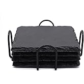 4 PCS Square Slate Drink Coasters Set, SIJDIEE 4 Inch Laser Engraving Black Slate Stone Coasters with Anti-Scratch Bottom and Coaster Holder for Office Bar Kitchen Home Dinner Table Decor Supplies