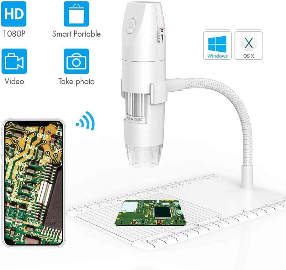 IGRNG Mini 2 Million Wifi Portable Microscope, 1000X 1080P Digital Microscope with Tape, Scope of Application Children's Interest Training, Jewelry Testing, Etc.