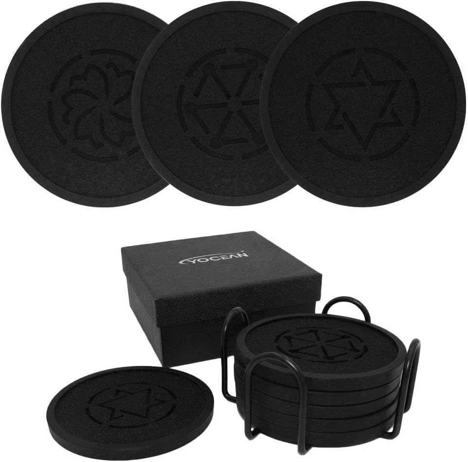 Black Silicone Absorbent Coasters for Drinks with Holder,Set of 6 Unique Modern Elegant Design Table Coaster for Cups Glasses and Mugs Tabletop Protection,Soft Felt Cloth Insert and Non Slip Rubber