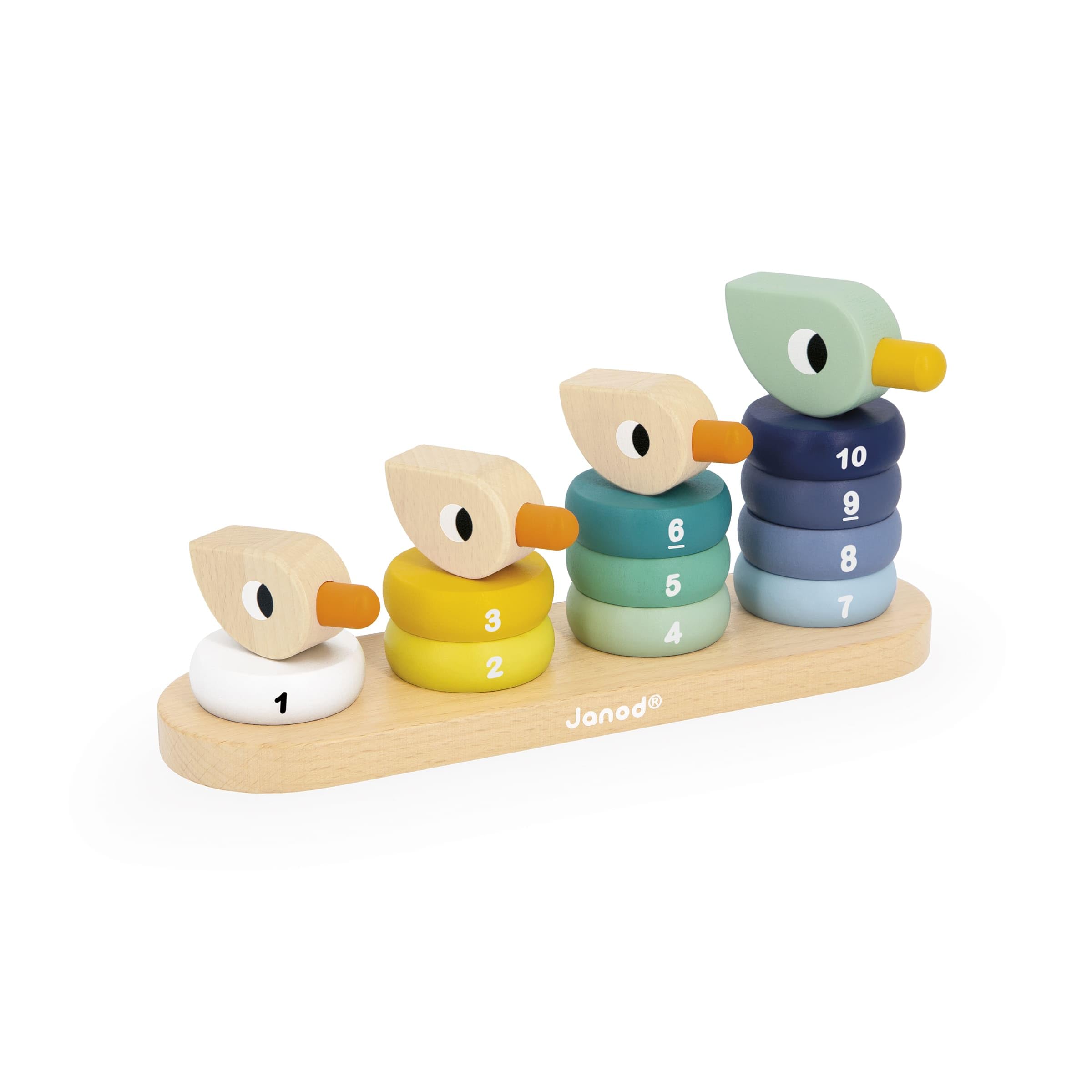 Janod - Wooden stacking ducks - 14 numbered pieces included - Wooden rods on secure elastic bands - Suitable for learning numbers and fine motor skills - From 12 months