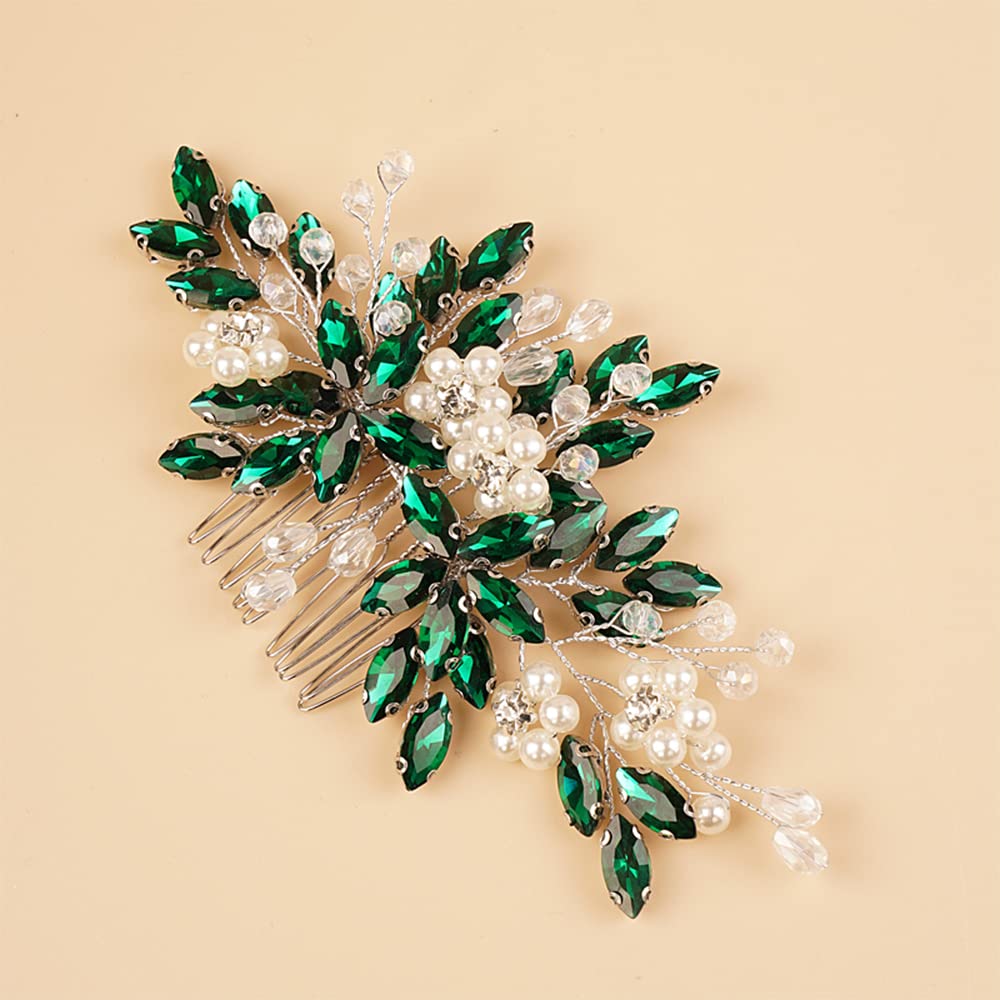 Kercisbeauty Green Crystal Hair Piece for Wedding Brides Bridesmaid Pearl Side Hair Comb for Women Girls Special Events Handmade Jewelry (Dark Green)