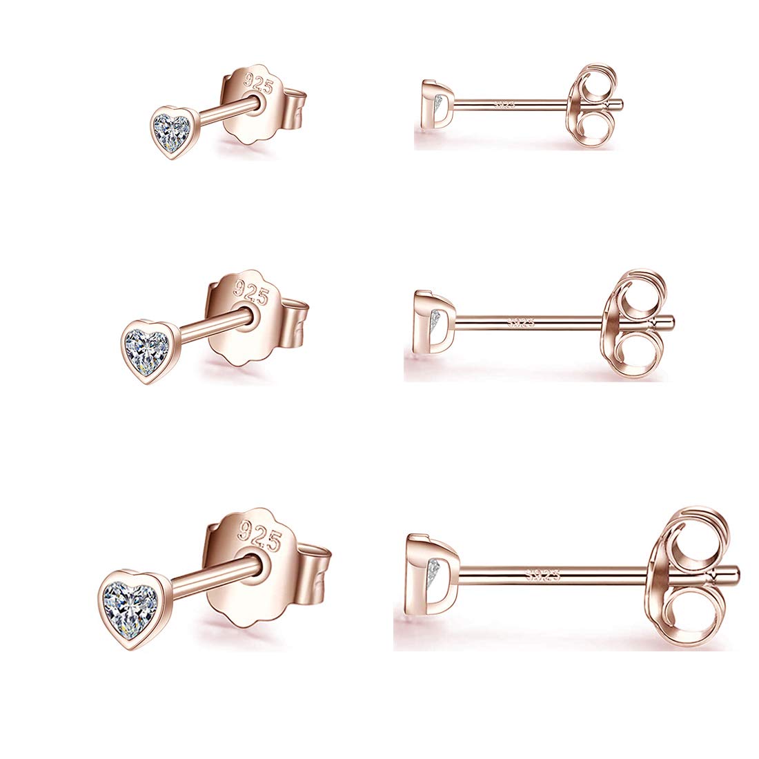Gulicx 3 Pairs Silver Rose Gold Heart Stud Earrings Set for Women Girls, Hypoallergenic 925 Stering Silver Cubic Zirconia Simulated Diamond Stud Earrings, Small Sleeper Cartilage Studs,Size:3,4.5mm