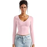 SUUKSESS Women Double Lined Casual V Neck Crop Tank Tops Basic Long Sleeve Shirts