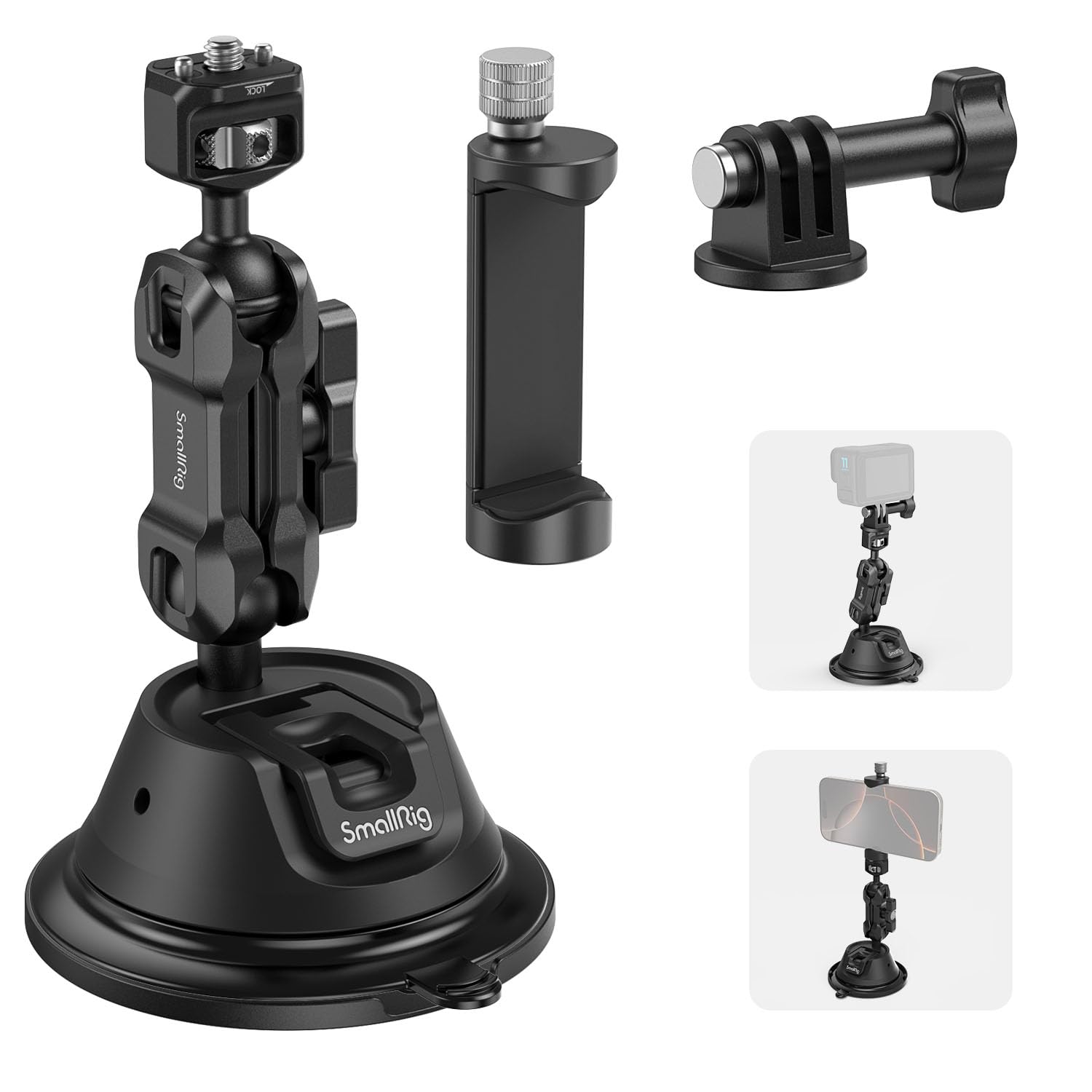 SMALLRIG Double-Layer Suction Cup Mount for Action Camera, Car Mount w Holder for GoPro for DJI Osmo, Dual Ball Head 360° Rotation for Car Windshield Window, SC-1K - 4275