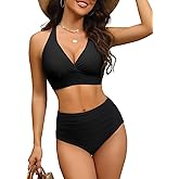 GVAOO Women's High Waisted Bikini Set Large Bust Supportive Crossover Back V-Neck Two-Piece Swimsuit Bathing Suits