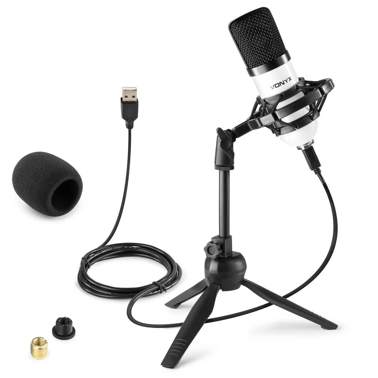 VONYX CMS300W USB Condenser Microphone Set - White, USB Podcast Mic Kit with Tripod Stand, Pop Filter & Shock Mount for Podcasting, Streaming, Voiceovers, Music Recording & Content Creation