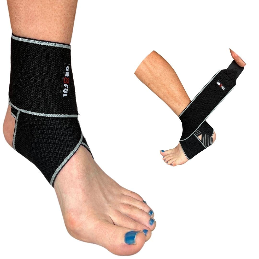 gr8ful® Ankle Support for Weak Ankles | Compression Strap for Extra Support in Sport | Ankle Brace, Wrap for Tendonitis, Sleeve for Sprained Ankle | Black | One Size