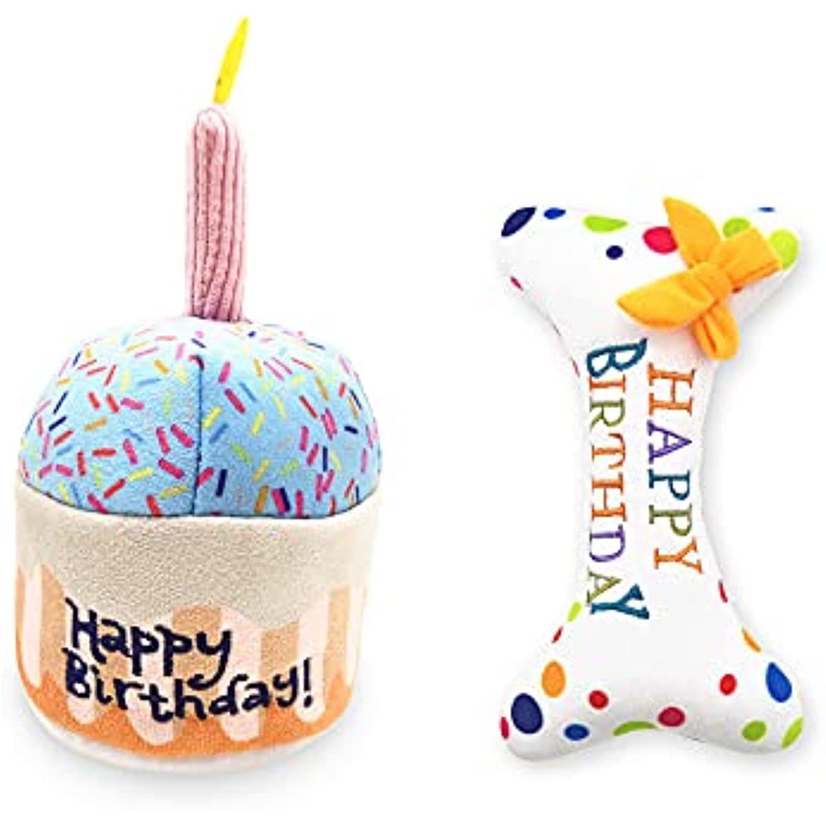 RunFar shop Soft Plush Squeaky Dog Toy Set, Durable Dog Chew & Cuddly Interactive Toys for Boredom Dog Gift Toys for Puppy Small to Medium Dog (Cake and Bone)