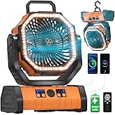 EEIFO Battery Operated Fan Portable Battery Powered Camping Tent Fan with LED Lantern Light 20000mAh Rechargeable, Oscillating, 360° Rotating Hanging Hook, Cordless for Desk, Travel(Orange)