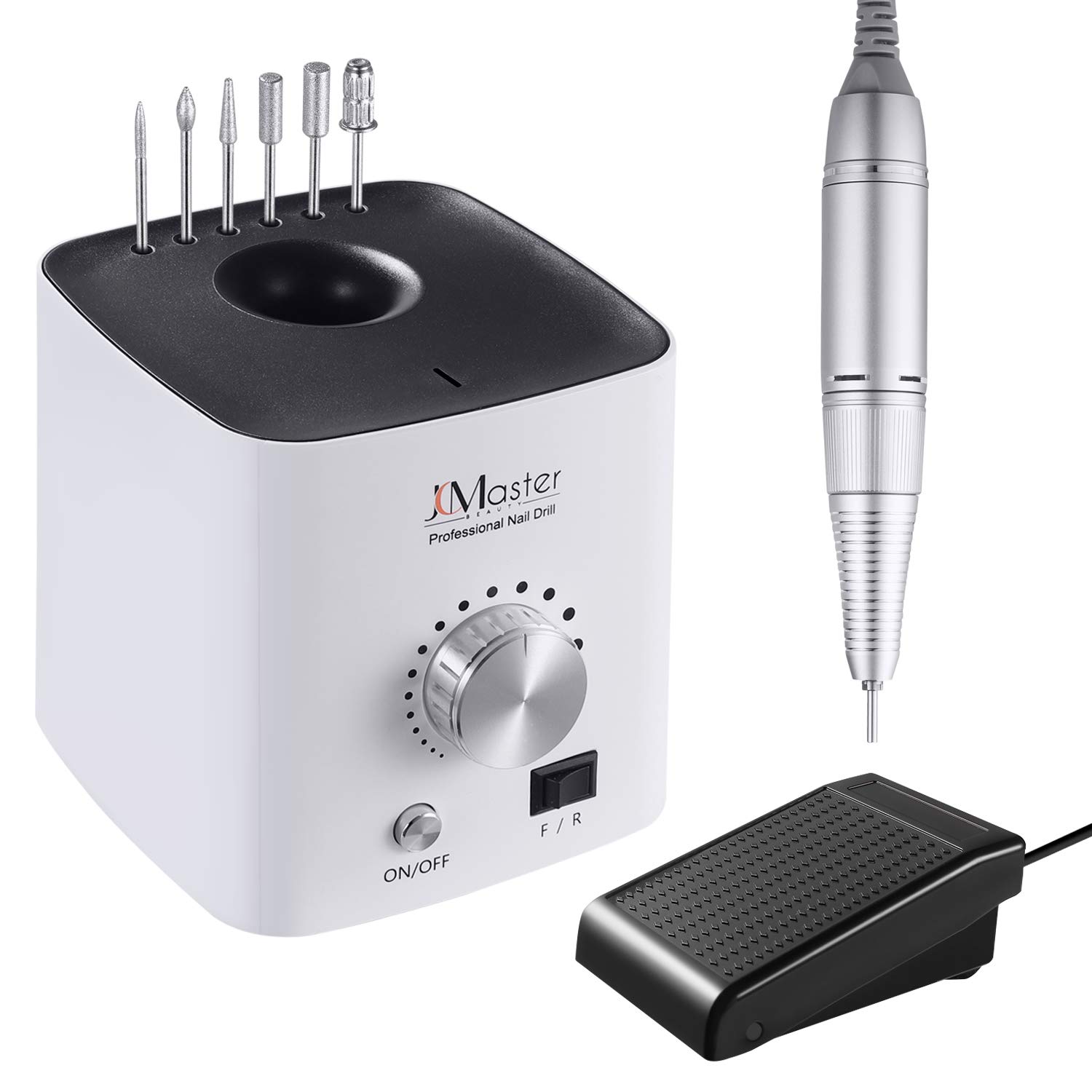 Nail Drill, JCMASTER Electric Nail Files with Foot Pedal, Adjustable Speed 30000 RPM, Professional E File Kit with 6 Nail Drill Bits, Low Vibration Manicure Pedicure Set for Nail Care Nail Art