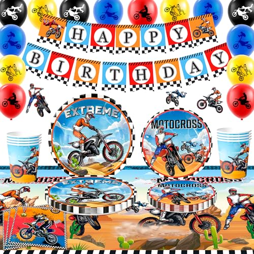 Motorcycle Birthday Decorations, 10 Guests Decoration Kit with Motorcycle Theme Including Plates and Glasses Motocross Napkins Tablecloth Banner etc Birthday Accessories for Motorcycles