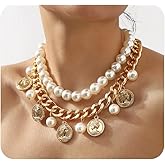 Gold Coin Necklace for Women Chunky Cuban Link Pearl Beaded Layered Necklaces Party Prom Acrylic Large Necklace Set Fashion Prom Jewelry Accessories