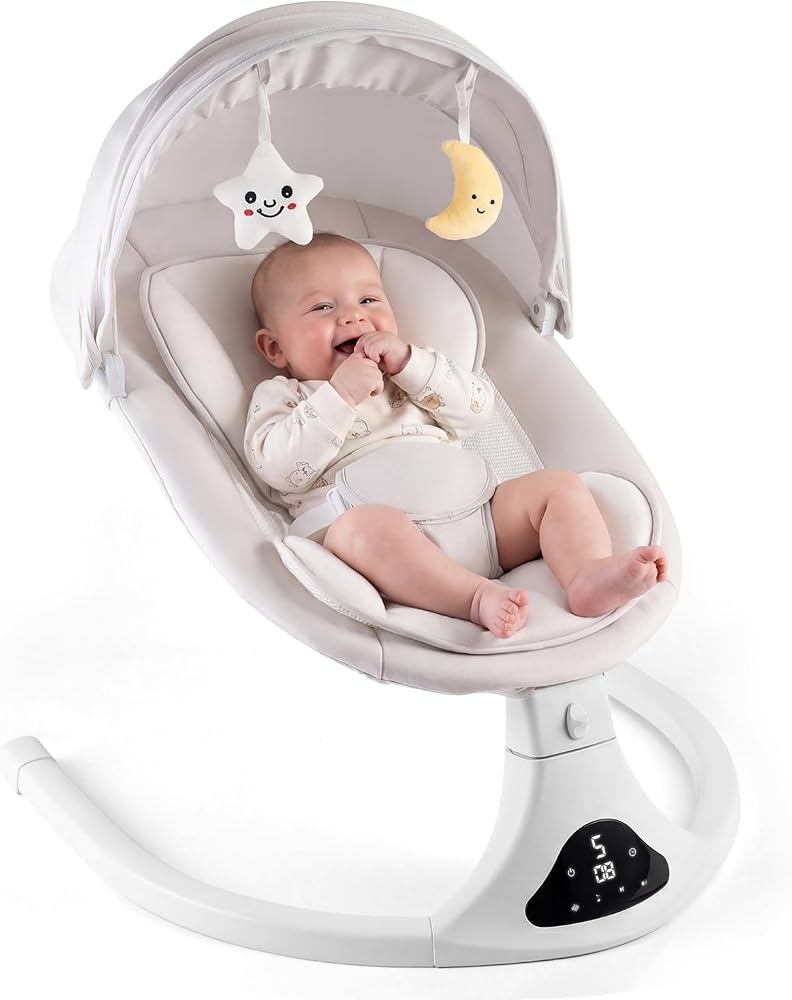 Electric Baby Swing with Remote Control,5 Speeds&Portable&Cozy(0-12M,Grey) | Safety lock&secure harness,12 melodies&Bluetooth