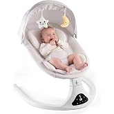 Electric Baby Swing with Remote Control,5 Speeds&amp;Portable&amp;Cozy(0-12M,Grey) | Safety lock&amp;secure harness,12 melodies&amp;Bluetooth,8/15/30min timer,lightweight indoor/outdoor,soft washable seat,easy assembly