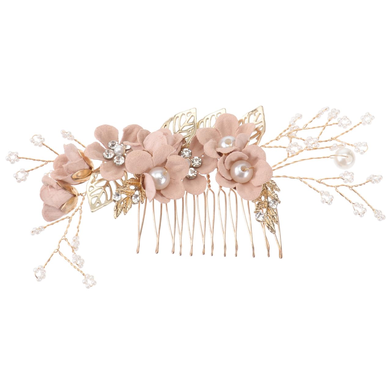 minkissy Pink Wedding Hair Comb with Pearl Crystal Rhinestone Flower Clip for Bride and Bridesmaids Hair Accessories 6X2X0.2 Inches — image 1