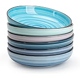 KitchenTour Large Pasta Bowls 34 oz, Ceramic Salad Serving Bowls Set of 6, 8.6 Inch Wide and Shallow for Soup- Dishwasher and Microwave Safe, Assorted Cool Colors