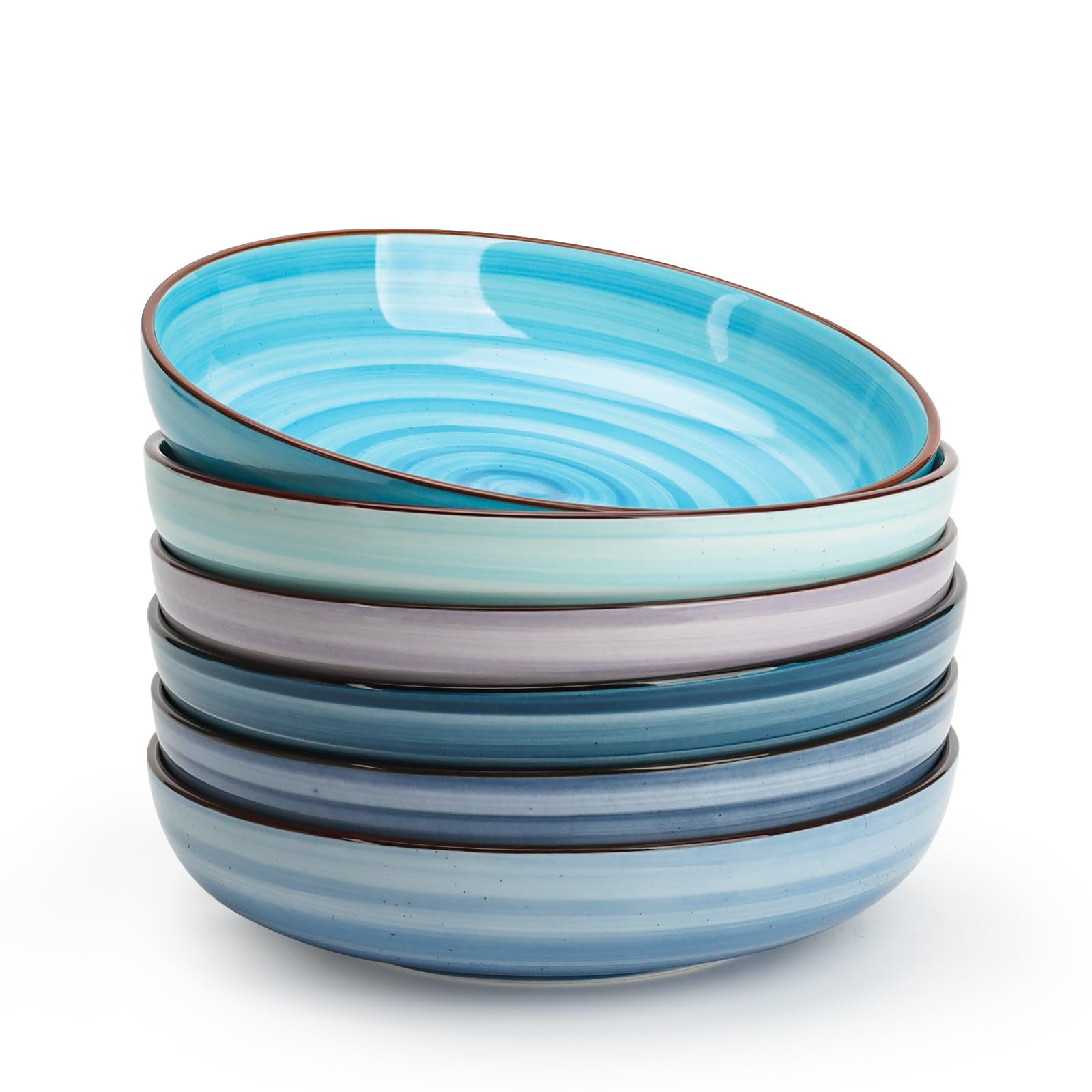 KitchenTour Large Pasta Bowls 34 oz, Ceramic Salad Serving Bowls Set of 6, 8.6 Inch Wide and Shallow for Soup- Dishwasher and Microwave Safe, Assorted Cool Colors Image