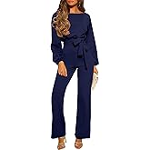Bbkkuck Women's Dressy Jumpsuit Fall One Piece Long Sleeve Belt Pockets Wide Leg Pants Elegant Wedding Romper Jumpsuit