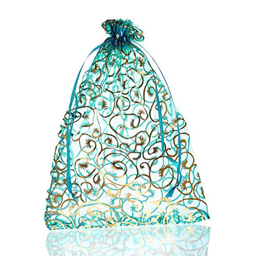 Housweety 25PCs 17cmx23cm Skyblue Flower Organza Gift Bags Wedding/Christmas Favor