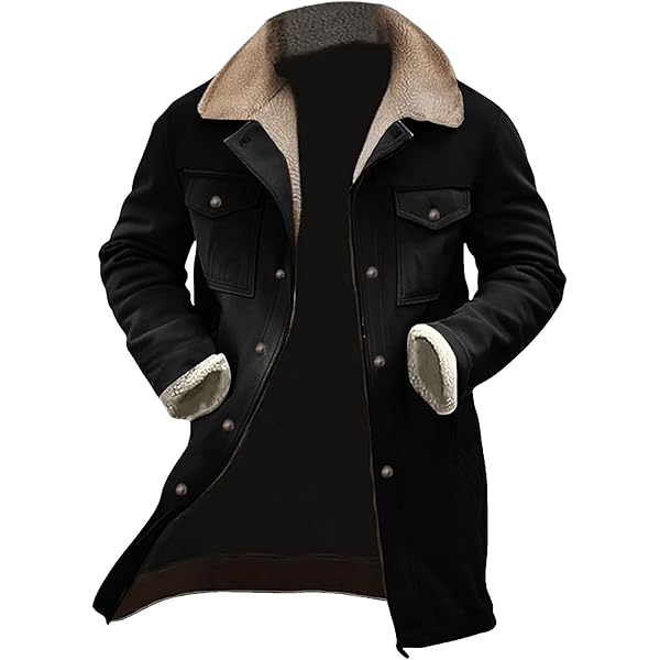 Vintage Suede Pocket Long Leather Jacket Plush Sherpa Fleece Lined