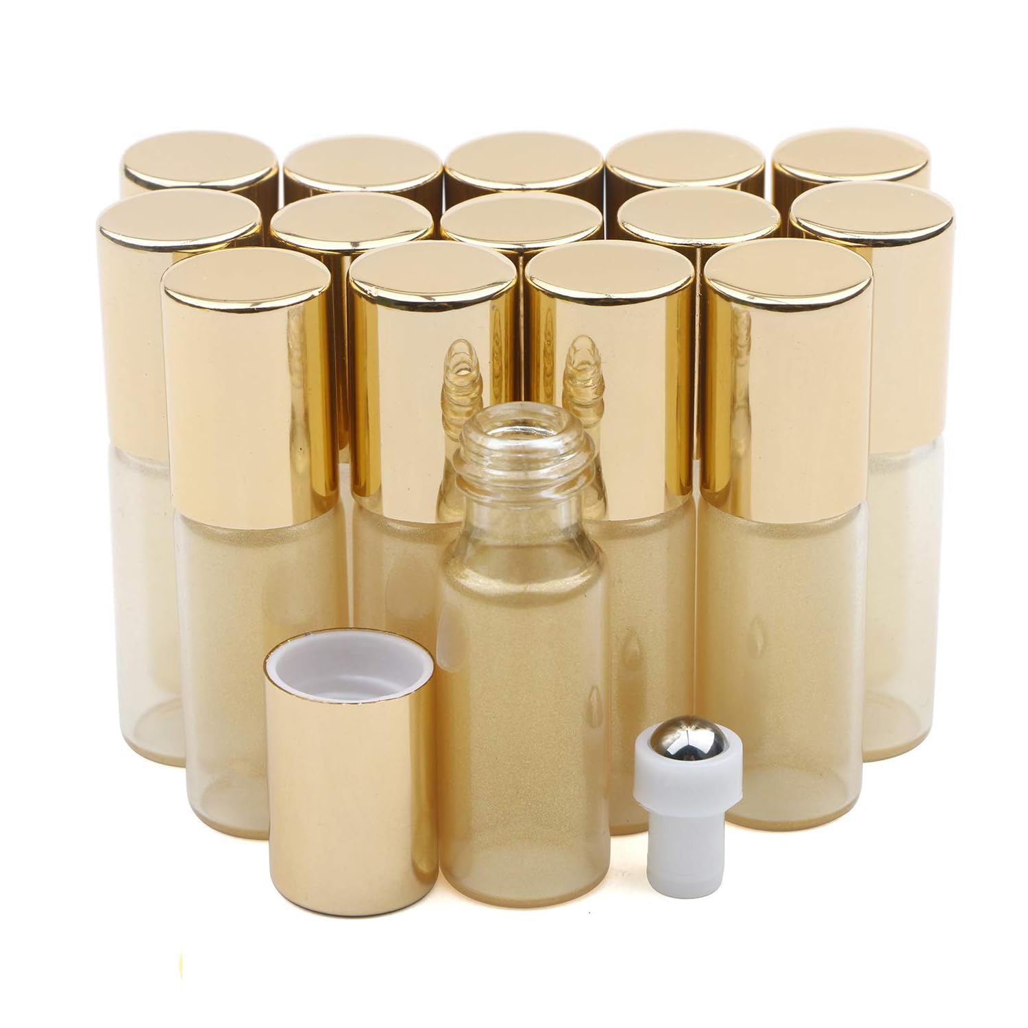 Kesell Essential Oil Roller Bottles, 15 Pack 5ml Light Yellow Roller Bottles with Stainless Steel Roller Balls and Golden Lids and Opener