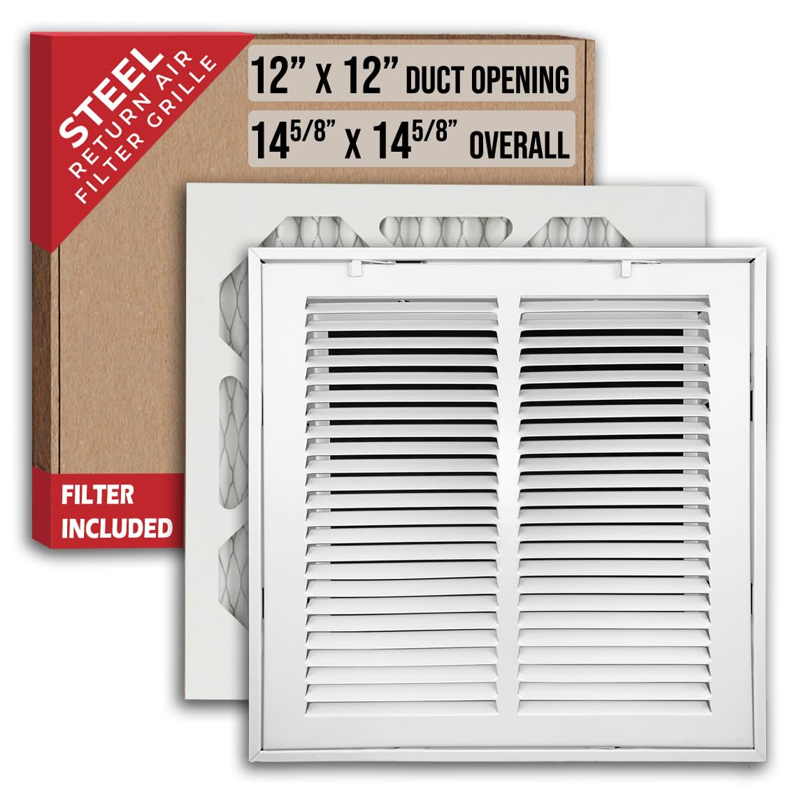 12" x 12" Filter Included Heavy Duty Steel Return Air Filter Grille [Removable Face/Door] for 1-inch Filters HVAC Duct Cover Grill, White | Outer Dimensions: 14 5/8"W X 14 5/8"H for 12x12 Duct Ope