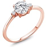 Gem Stone King 10K Rose Gold Moissanite and White Created Sapphire Solitaire Engagement Ring For Women (0.83 Cttw, Round 6MM, Gemstone Birthstone)