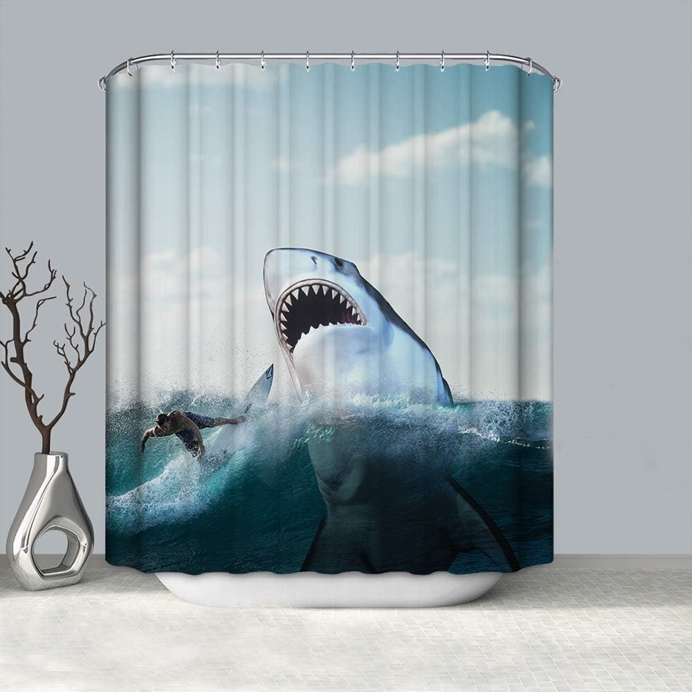 ColorPapa Artistic Decorative Shower Curtain The Shark Attack The Surfer in The Ocean Not Real Event Waterproof Polyester Fabric Bath Curtain with 12pcs Hooks Large