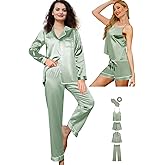 WJing Yi Jia 6Pcs Womens Silk Satin Pajama Sets Pj Sets Long Pjs Set Pajamas Sleepwear Camisole Sexy Cami