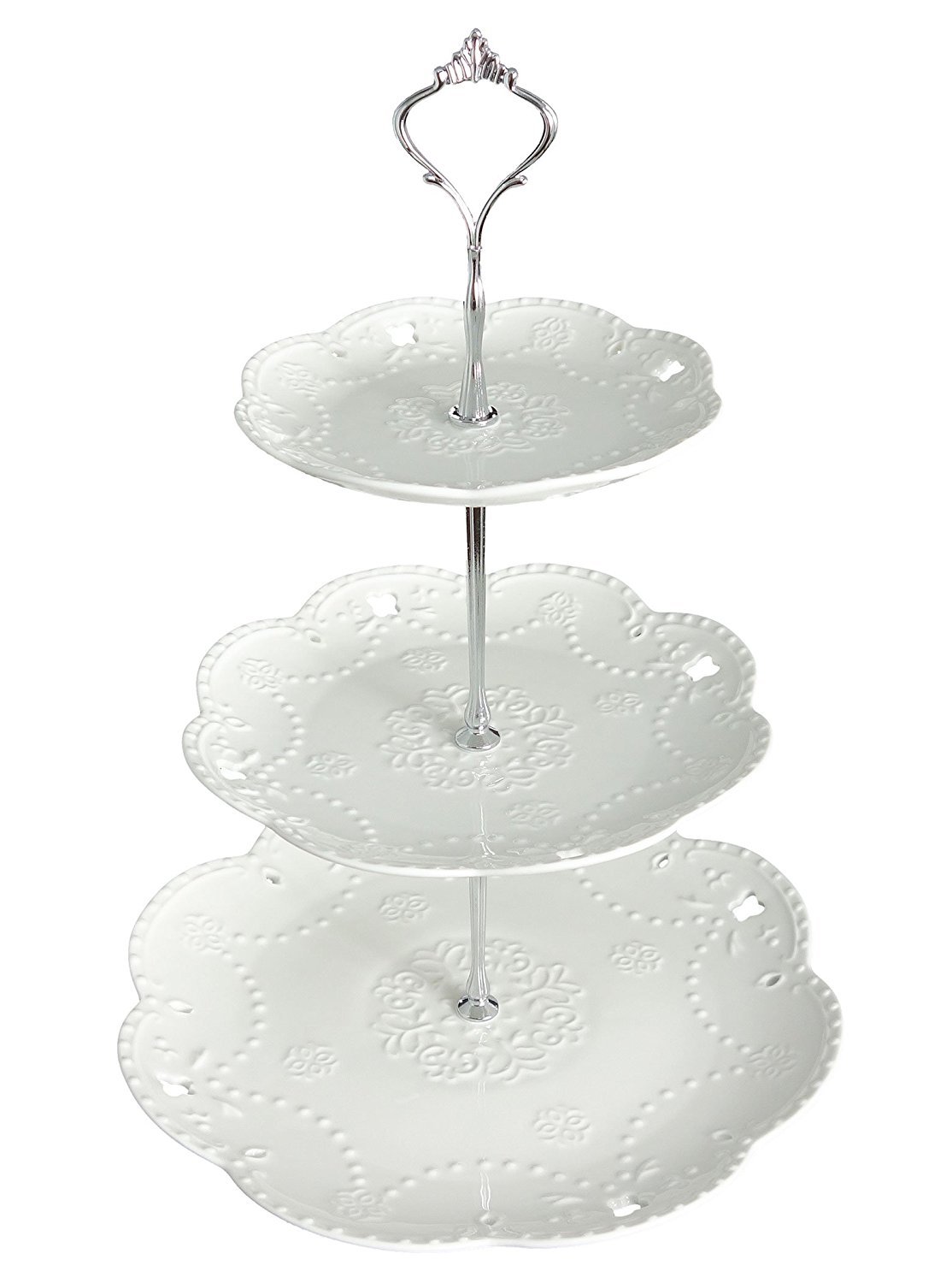 YBK Tech 3-Tier Porcelain Serving Stand, Cake Stand with Embossed Lace Pattern - (White, Silver rod)