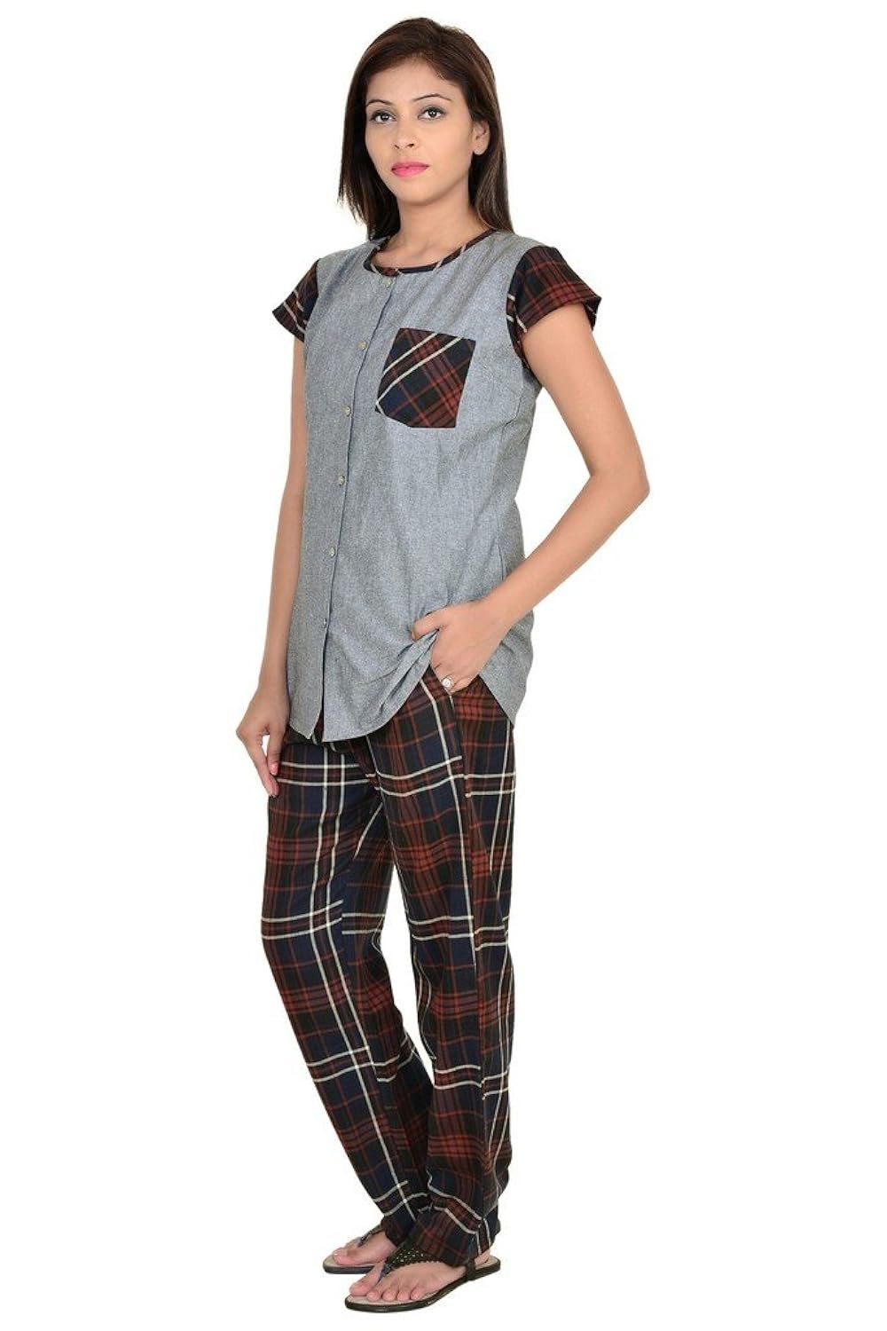 9teenagain solid top and checkered pajama set