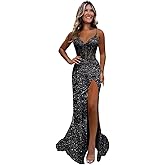 Monvelli Appliques Sparkly Sequin Prom Dress Long Ball Gown 2026 Mermaid V Neck Formal Evening Dress with Slit