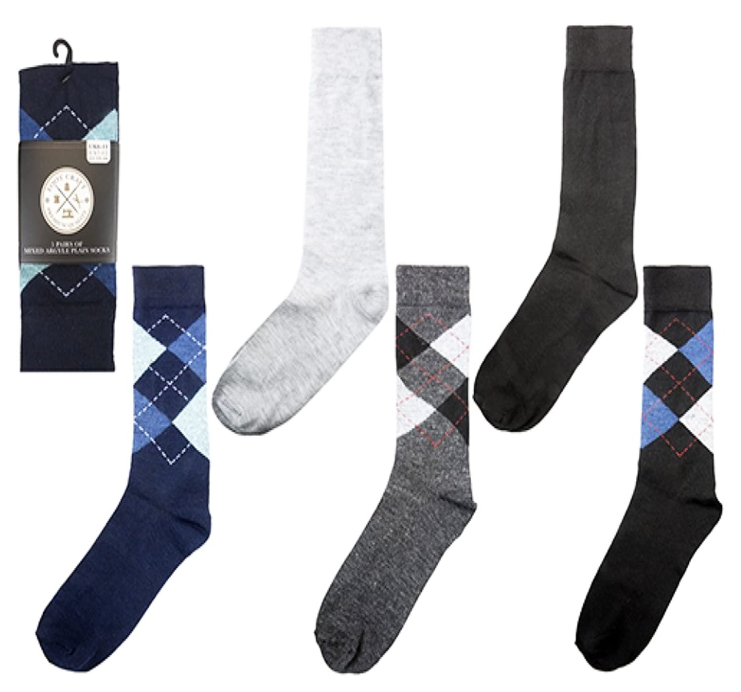 5 Pairs of Mens Socks, Premium Quality Mixed Argyle Classic Designs and Plain Socks, Mens UK Size 6-11