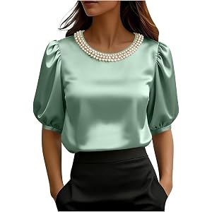 Women's Satin Elegant Tops Short Puff Sleeve Tees Work Silk Business T Shirts Pearl Crew Neck Summer Outfits 2026