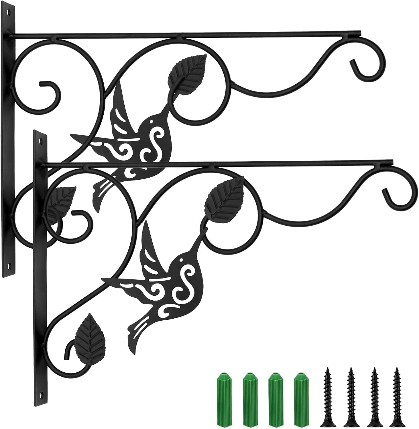 Outdoor Hanging Brackets - VRSS Outdoor Hanging Plant Brackets 12inch Wall Mounted Plant Hanger Leaves and Birds Style (Black, 2Pcs)
