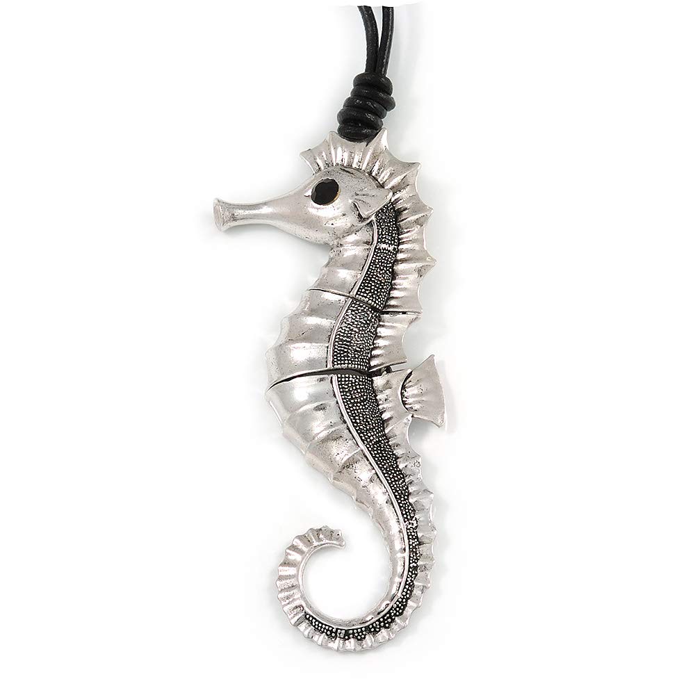 Avalaya Oversized Silver Tone Seahorse Pendant with Black Leather Cord - 70cm L/ 5cm Ext
