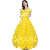 AMNPOLEN Adult Women Beauty Princess Belle Costume Dress Yellow Off Shoulder Prom Ball Gown Outfit Halloween Cosplay Dress up