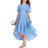 Girls Ruffle Dresses Casual A Line V Neck Short Sleeve Flowy High Low Long Maxi Junior Bridesmaid Party Dress