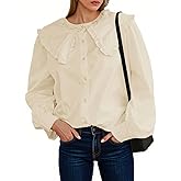 Tankaneo Womens Button Down Shirts Cotton Puff Sleeve Babydoll Blouse Fall Casual Doll Collar Tops