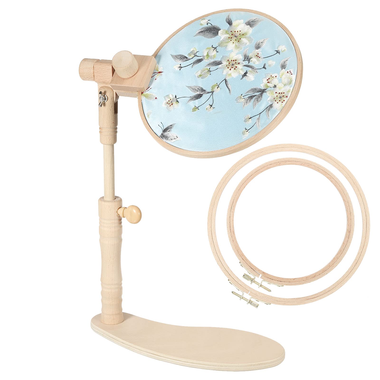 PATIKIL Embroidery Stand with 2 Pcs 6" 8" Hoops, Adjustable Embroidery Frame Stand Beech Wood Rotated Embroidery Hoop Stand for Cross Stitch Sewing
