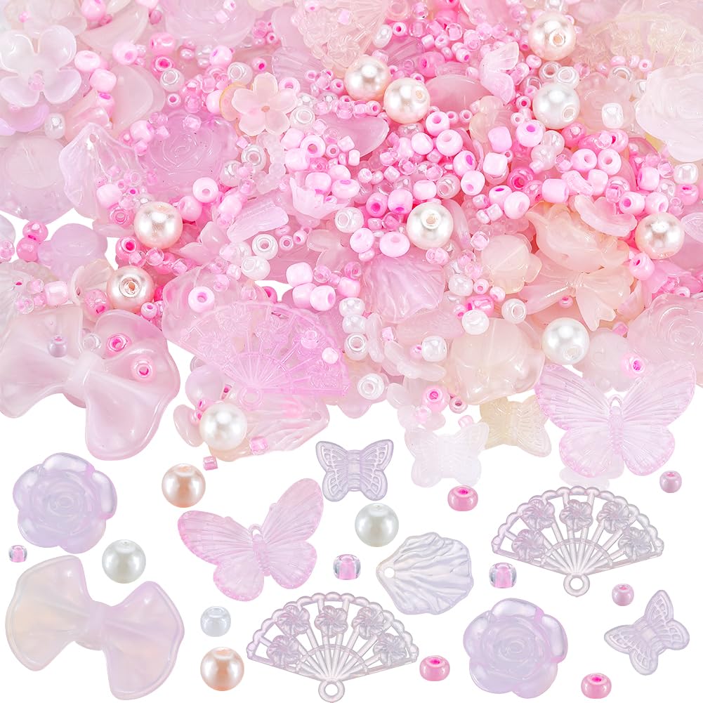 SUNNYCLUE 1 Box about 200G Cute Acrylic Beads Bulk Aesthetic Beads Pink 3mm 4mm 8mm Small Round Imitation Pearl Butterfly Flower Beads Bulk for Jewellery Making Bracelet Necklace Christmas Wedding