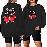 Vieawfi Magical Sweatshirts for Women Oversized Cherry Bow Graphic Long Sleeve Shirt Holiday Vacation Cute Pullover Tops