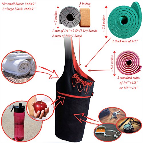 Yoga Mat Bag - Elegant & Embroidered Cotton Tote With 2 Pockets | Wide Sling Carrier With Long Strap & 2 Elastic Mat Bands (Black & Ruby Red)