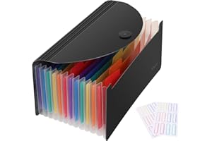 Uquelic Stand Receipt Organizer Folder - 13 Pockets Expanding Coupons Storage/Rainbow Large Capacity Bill Organizer for Desk with Label, in Case I Go Missing Binder Organizer (Black)