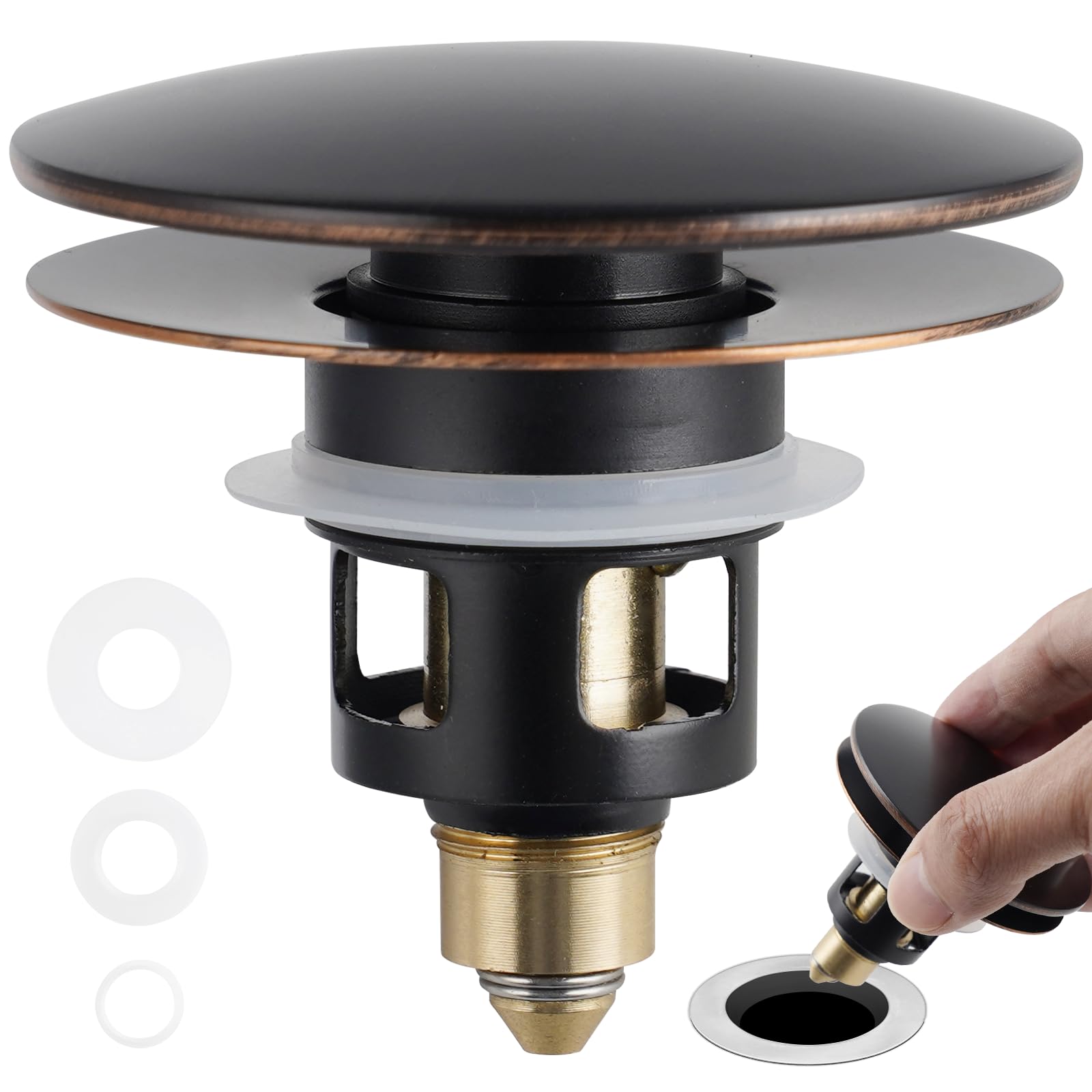 Photo 1 of Universal Bathroom Sink Stopper 2 in 1 Pop Up Metal Sink Drain Strainer with Hair Catcher, Fit for 1.1~2.36" Sink Basin Hole, Not for Bathtub, Big Cover Cap, Anti-clog, Oil Rubbed Bronze