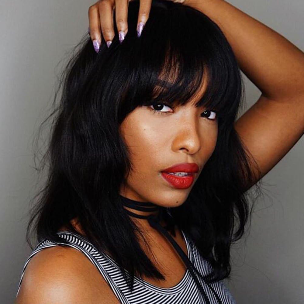 AISI HAIR Bob Curly Wig Synthetic Short Black Wig with Bangs Natural Looking Heat Resistant Fiber Hair for Women