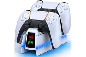 RJAD PS5-Controller-Charger-Station - Charging Station for PlayStation 5 Dualsense/Edge Controller with 9 Color Led Light, Fast Charging Dock & Holder Stand for PS5/Slim/Pro Remote - Whole White