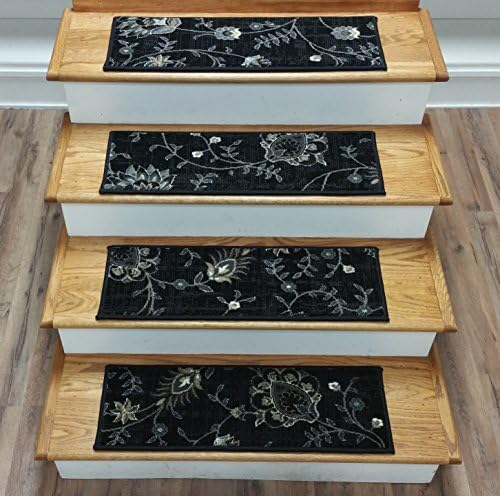 179825 - Rug Depot Transitional Carpet Stair Treads - Set of 14 Stair Treads 27" x 9" - Black Background - 100% Polypropylene - Kane Milano 82 Scuro - Custom Made Stair Treads