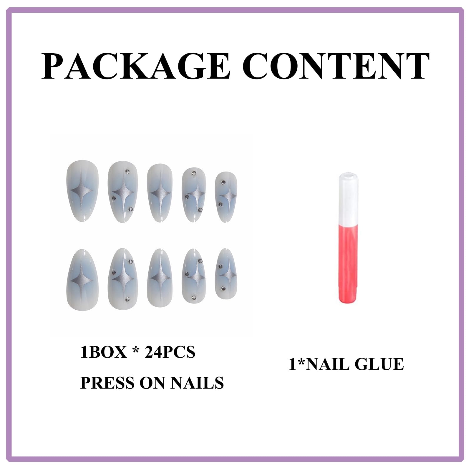 MERVF Medium Almond Gradient Stiletto Acrylic Nails Blue Gradient - 24pcs Glossy Aura False Nails with Star Rhinestones Design Press Ons Glue Ons - Image 4